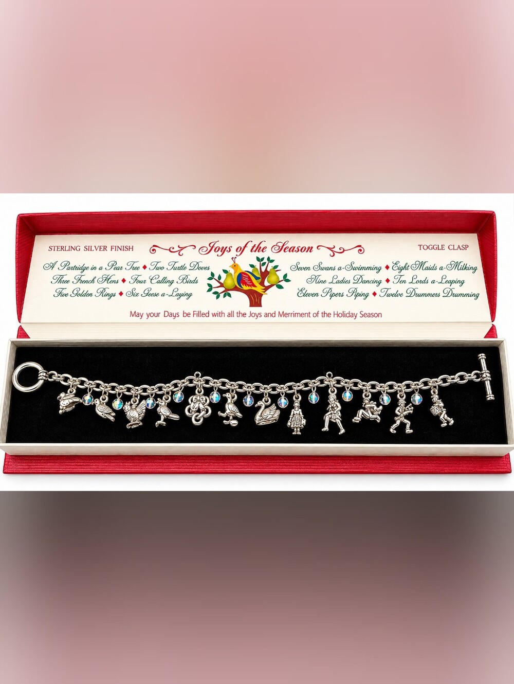 Joys of the Season 12 Days of Christmas Charm Bracelet Sterling Silver Finish 8”